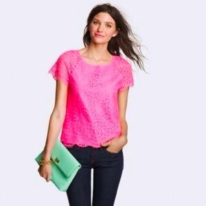 J. Crew Hot Pink Raindrop Lace Overlay short a sleeve Business Casual Blouse 6